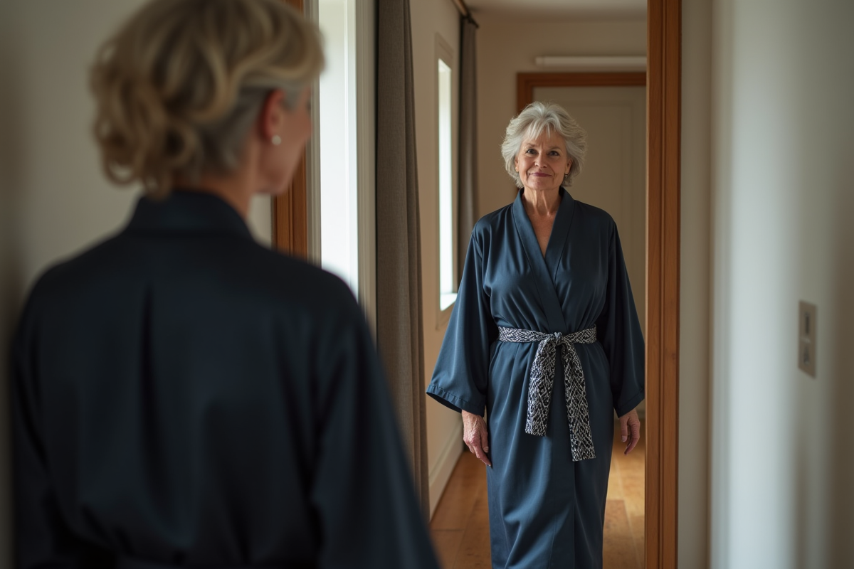 Femme en robe bleue admirant son reflet dans un miroir