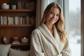 Femme souriante en robe cableknit hiver près d'une fenêtre givrée