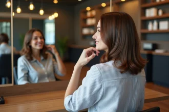 Femme dans un salon de coiffure regardant son reflet