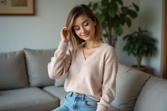 Femme souriante dans un salon moderne et cosy