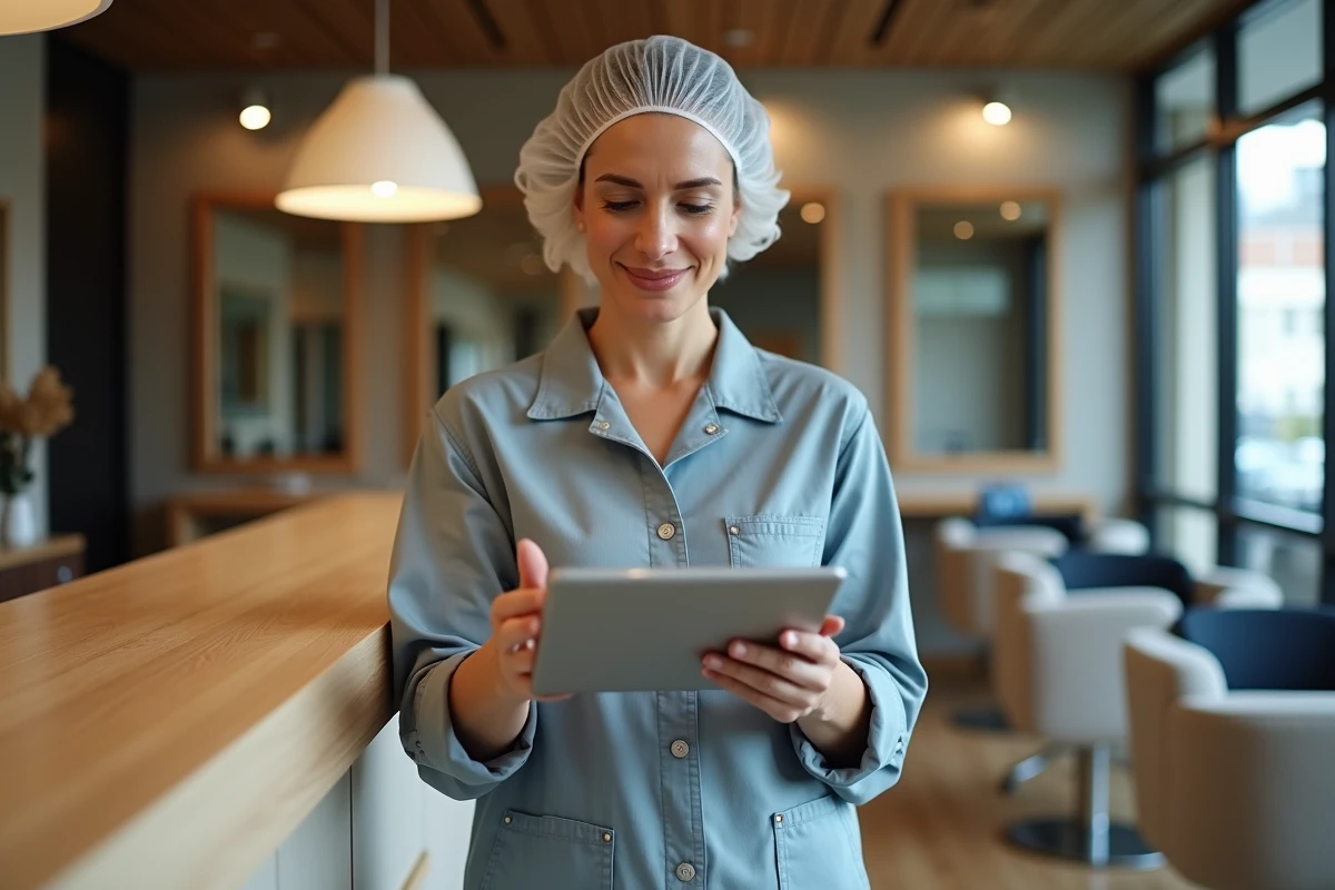 Femme d'âge moyen vérifiant une tablette au salon de coiffure