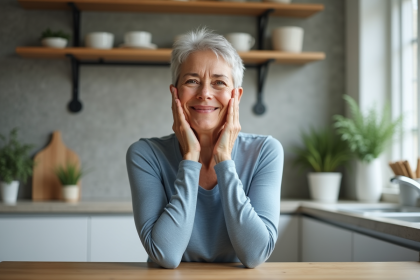 Femme d'&acirc;ge moyen souriante se massant le visage dans la cuisine