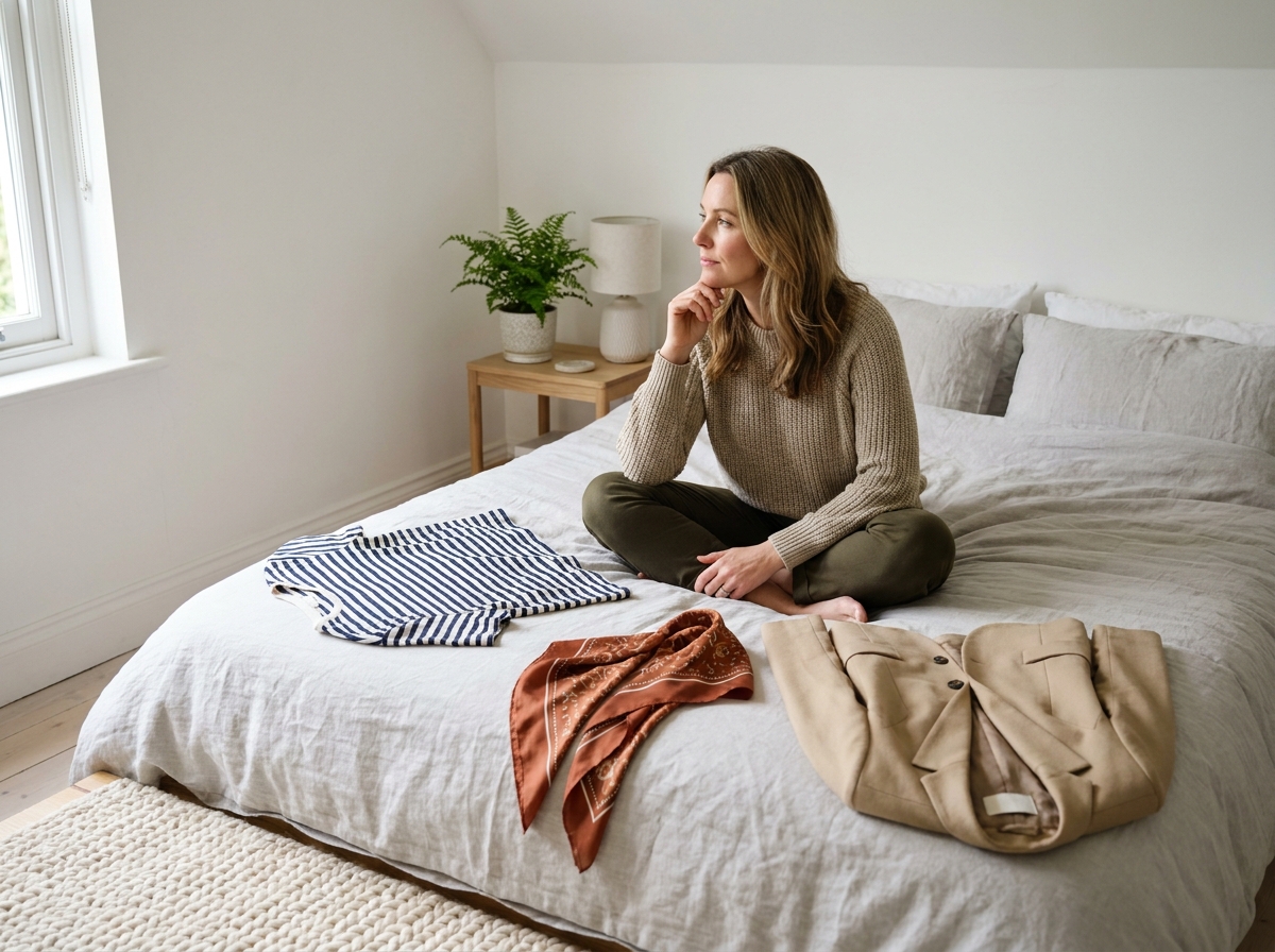 Femme assise sur un lit entourée de vêtements pour réfléchir à sa garde-robe idéale