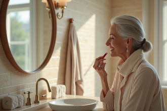 Femme senior souriante appliquant du rouge à lèvres dans une salle de bain lumineuse