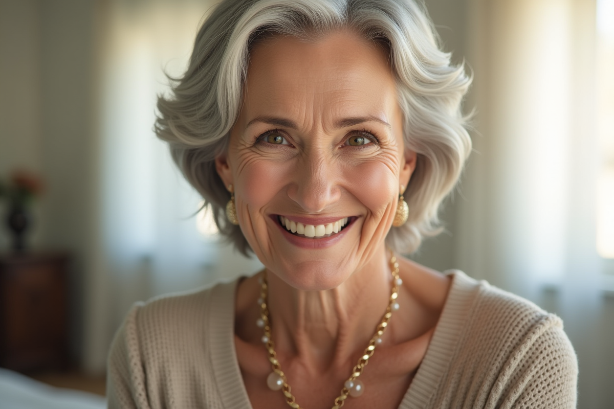 Femme de 67 ans souriante dans une pièce lumineuse