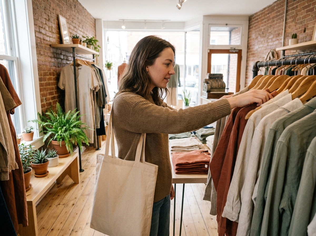 Femme qui fait du shopping dans une boutique indépendante en choisissant soigneusement ses vêtements