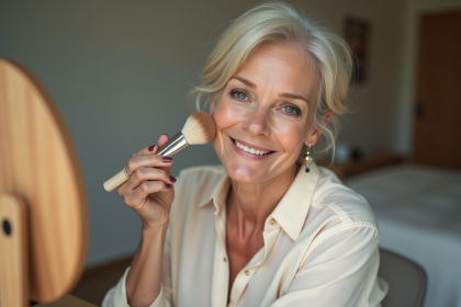 Femme élégante de 60 ans appliquant du fond de teint
