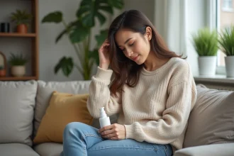 Femme assise sur un canapé avec produit capillaire