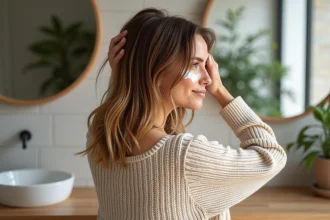 Femme appliquant un masque capillaire dans sa salle de bain