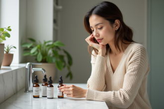 Femme examinant des sérums sur un comptoir moderne