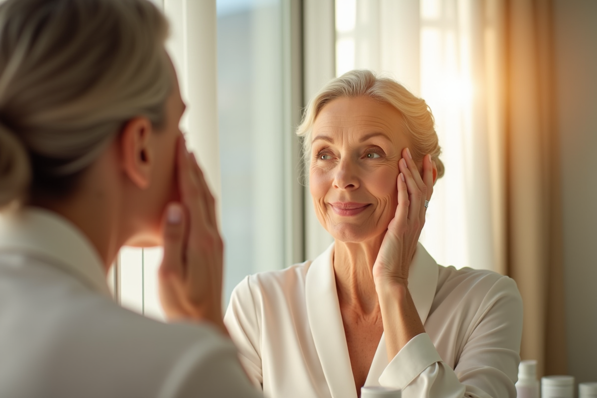 Femme confiante de 50 ans appliquant crème visage en miroir