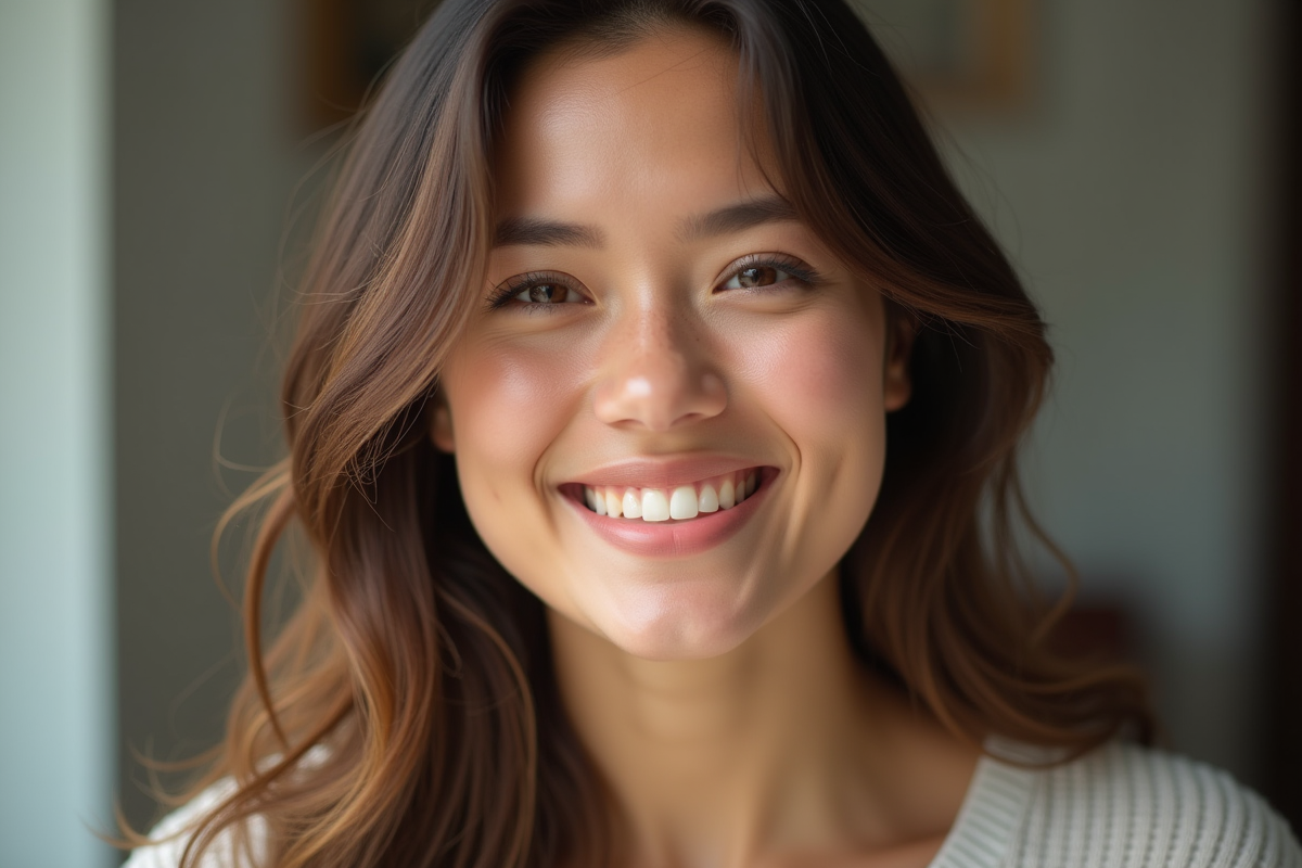 Femme souriante avec maquillage naturel et peau chaude