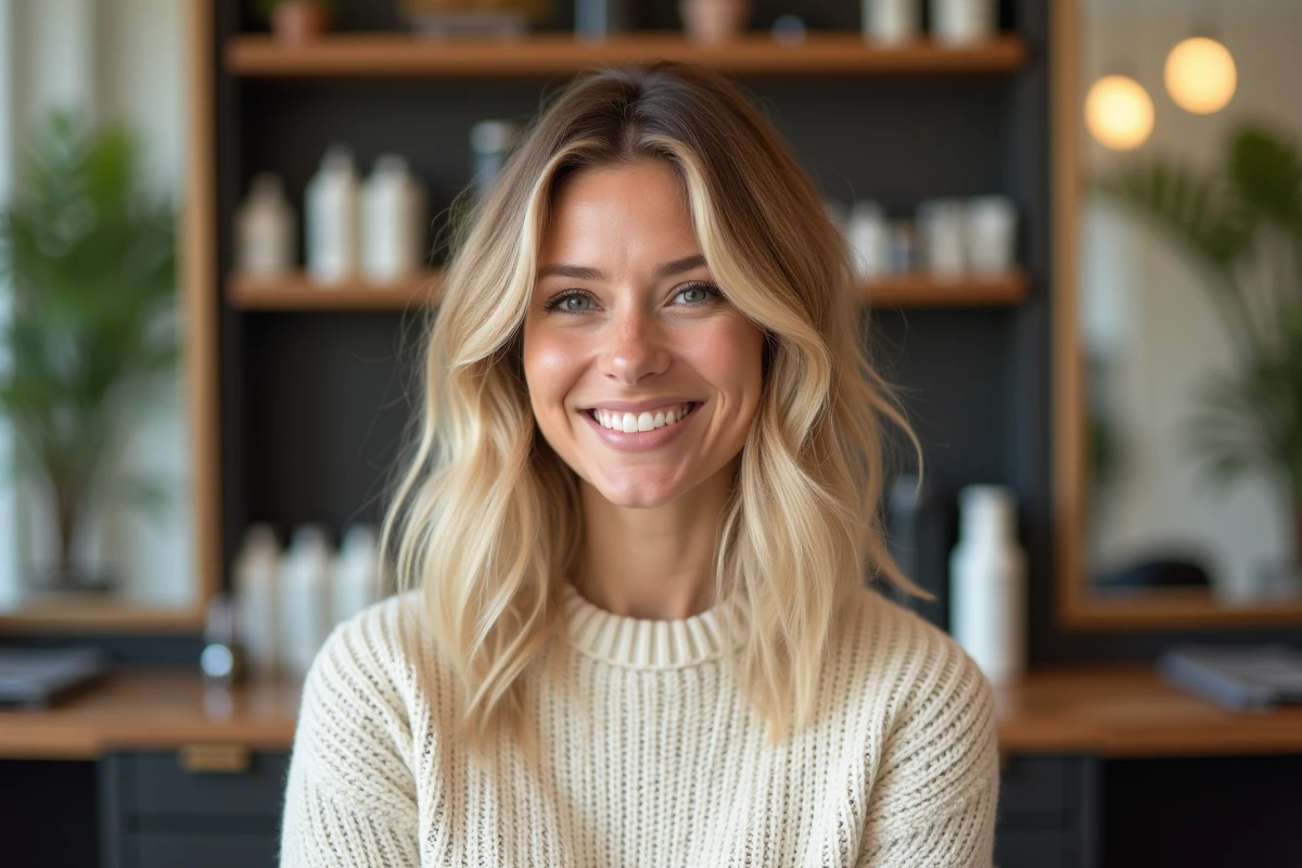 Femme souriante dans un salon de coiffure moderne