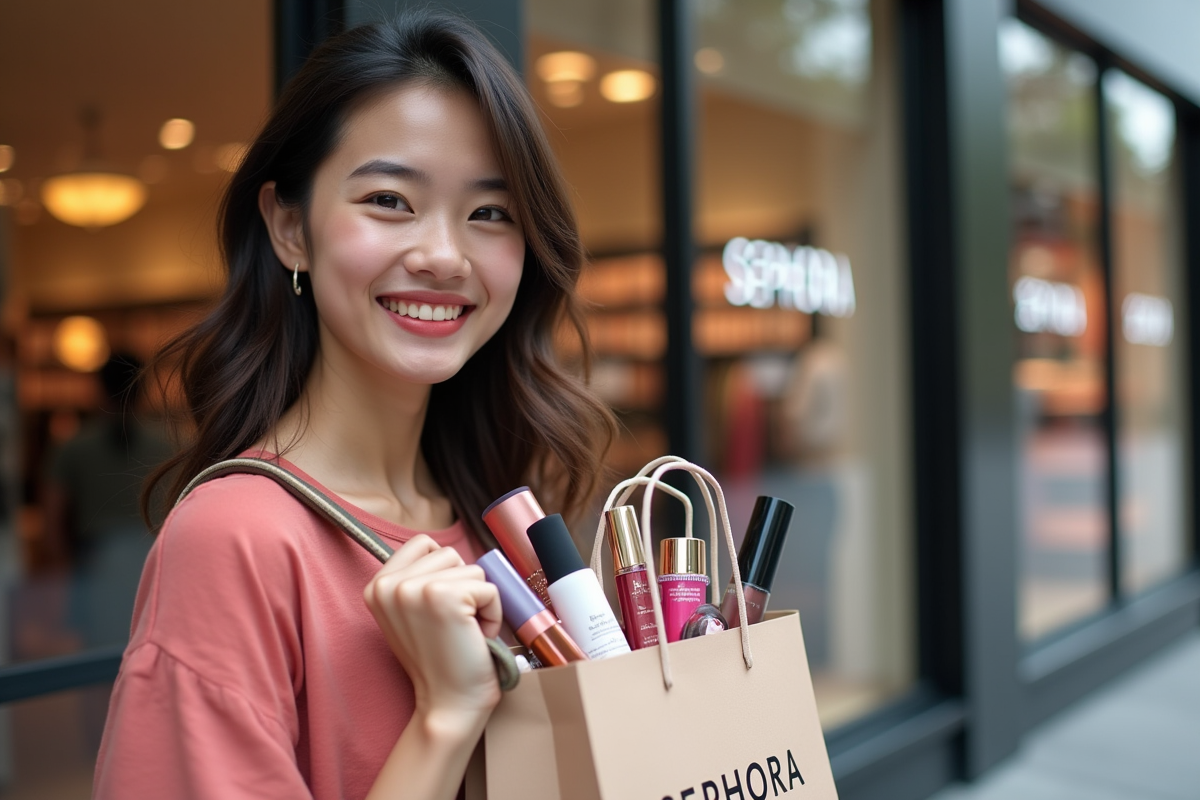 Jeune femme souriante avec sac Sephora devant le magasin