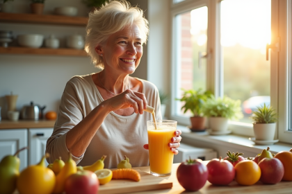 Femme souriante préparant un smoothie dans une cuisine lumineuse