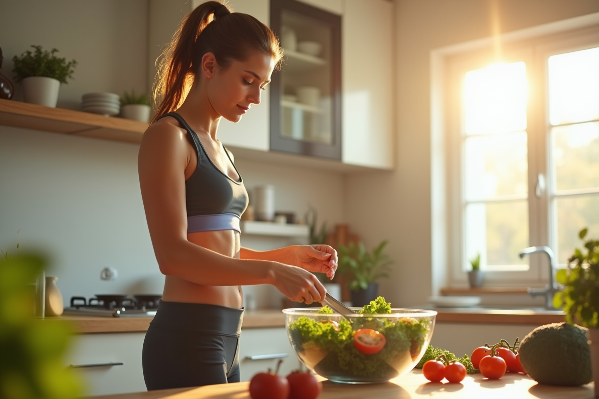 Jeune femme sportive préparant une salade saine dans la cuisine
