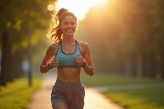 Jeune femme sportive marchant dans un parc en matinée
