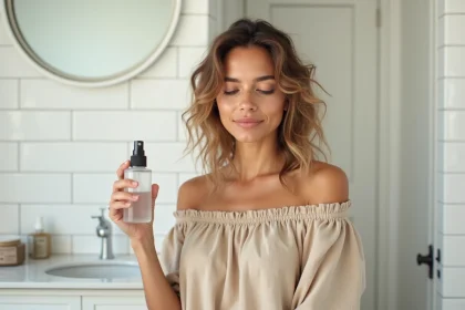 Femme aux cheveux bouclés tenant un spray au sel marin dans une salle de bain minimaliste lors de sa routine beauté hydratante