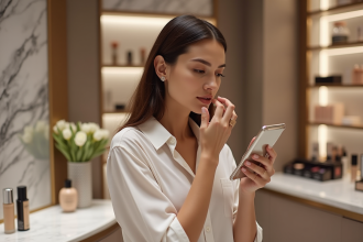 Femme testant différentes teintes de fond de teint en magasin de beauté