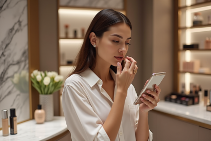 Femme testant différentes teintes de fond de teint en magasin de beauté
