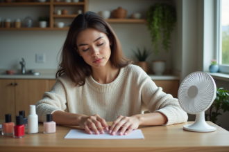 Femme vérifiant ses ongles dans une cuisine chaleureuse