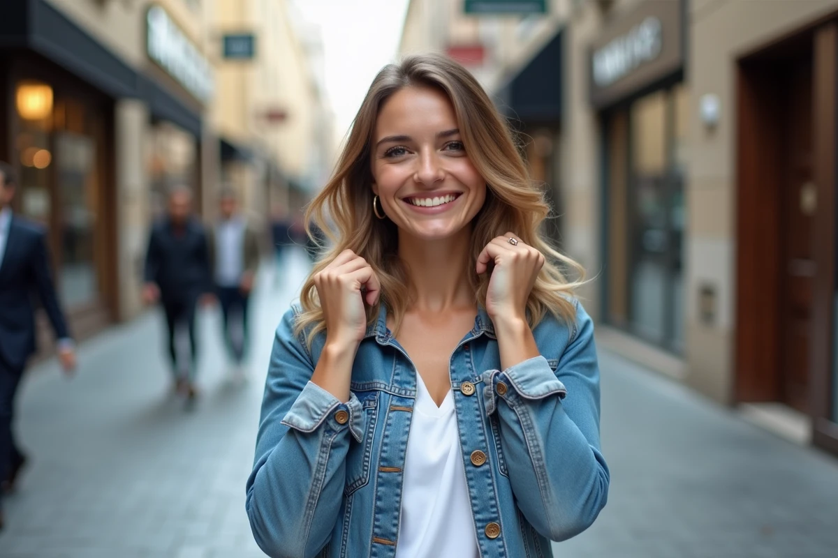 Femme dans la ville montrant sa nouvelle coupe de cheveux