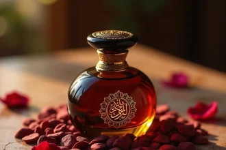 Flacon de parfum oud ambré avec gravures dorées posé sur des copeaux de bois oud et pétales de rose séchés sur marbre