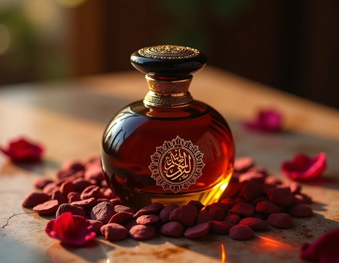 Flacon de parfum oud ambré avec gravures dorées posé sur des copeaux de bois oud et pétales de rose séchés sur marbre