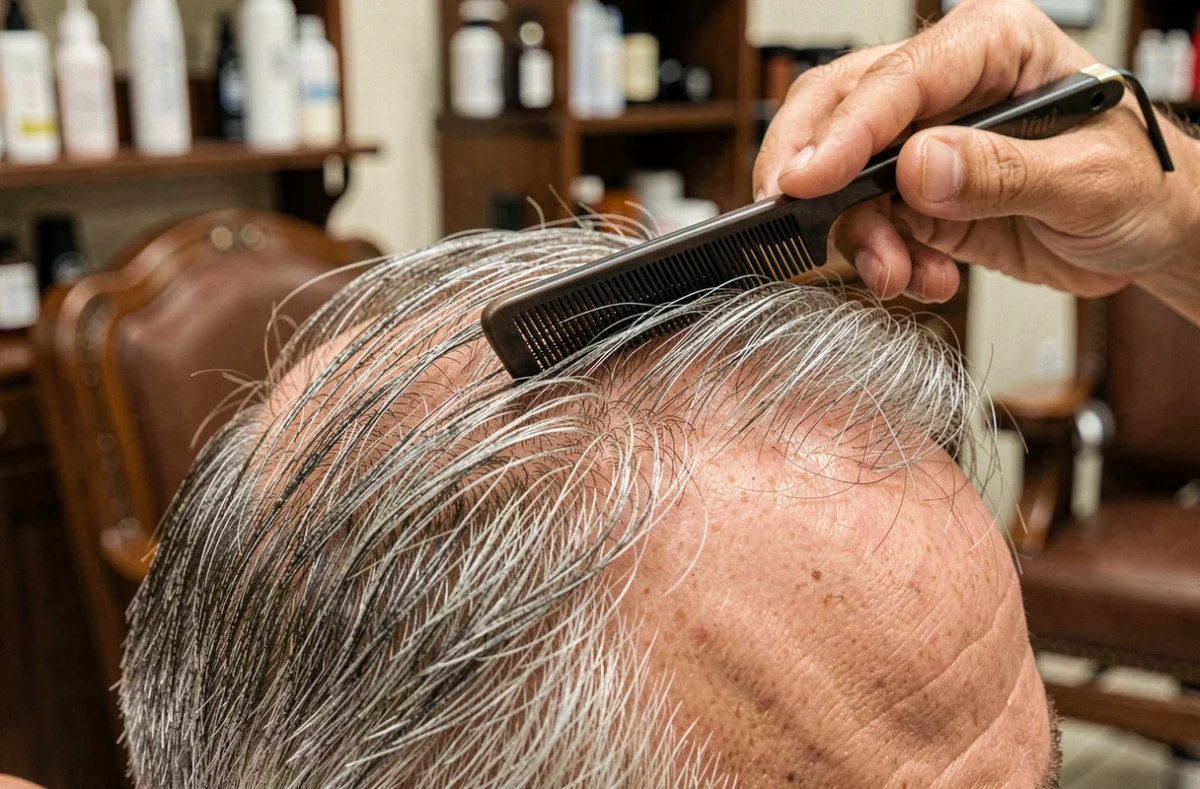 Gros plan sur les cheveux gris et fins d'un homme peignés après une teinture douce dans un salon de coiffure