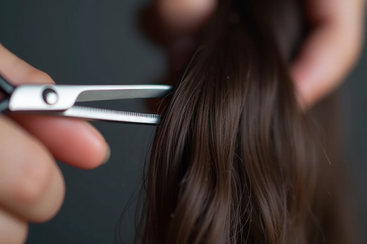 Gros plan sur des ciseaux professionnels coupant des pointes de cheveux foncés bouclés