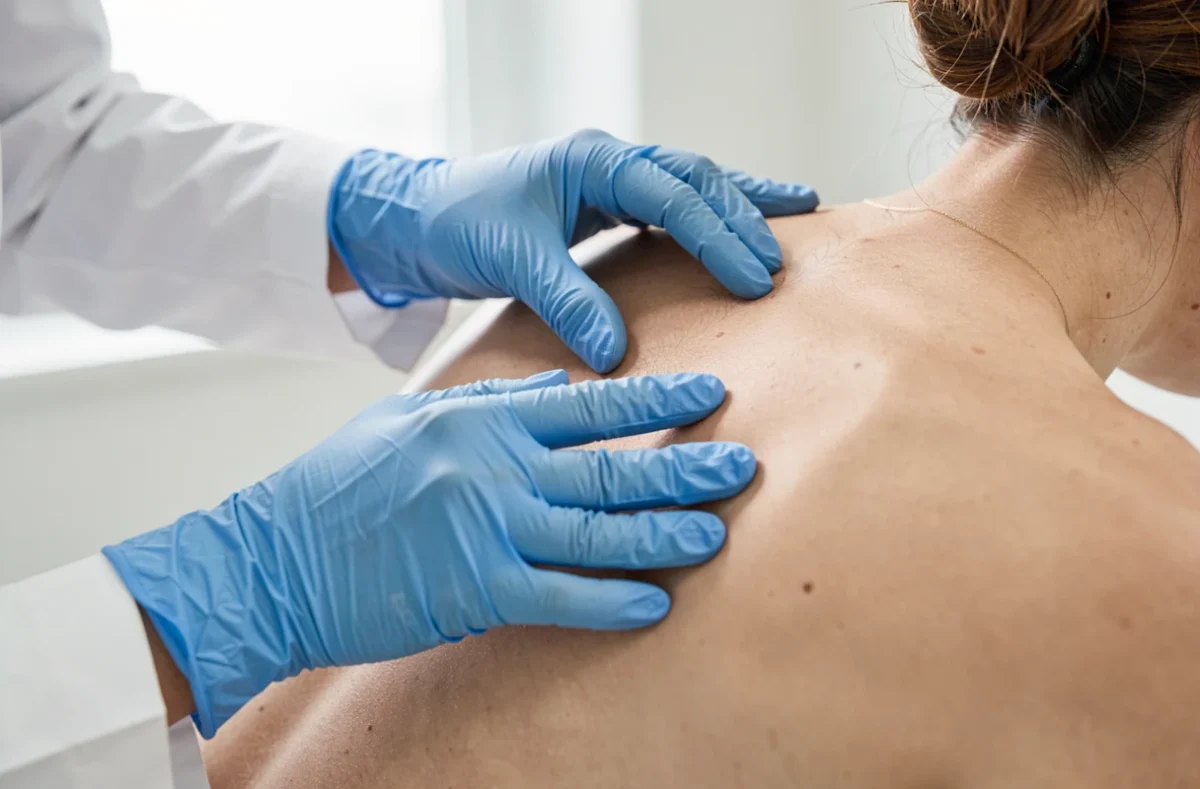 Gros plan d'un dermatologue observant la peau du dos d'une patiente