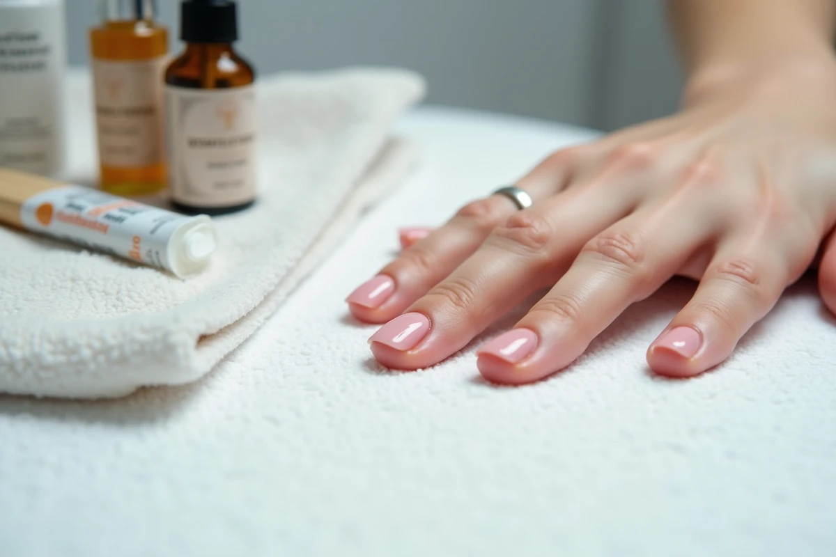 Gros plan sur un ongle présentant une légère infiltration près de la cuticule après manucure avec produits de soin curatifs posés à côté
