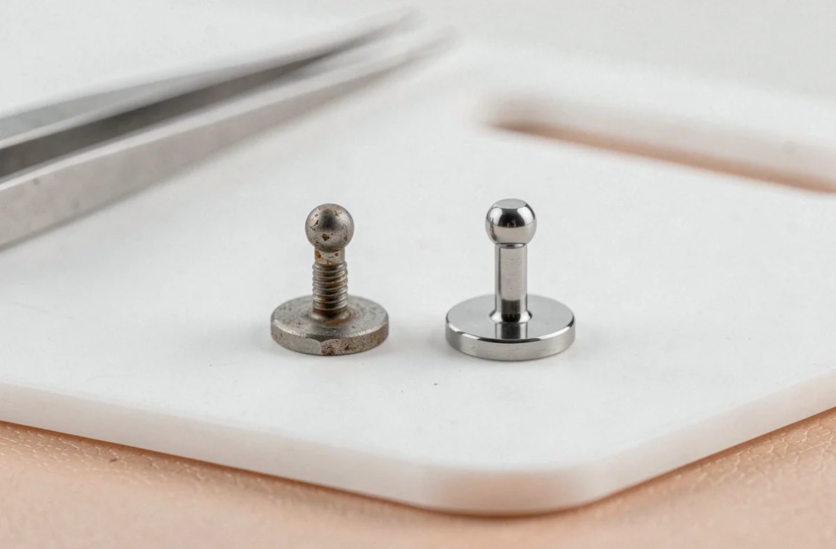 Gros plan comparatif d'un labret de mauvaise qualité et d'un bijou de piercing professionnel en titane implant sur surface médicale