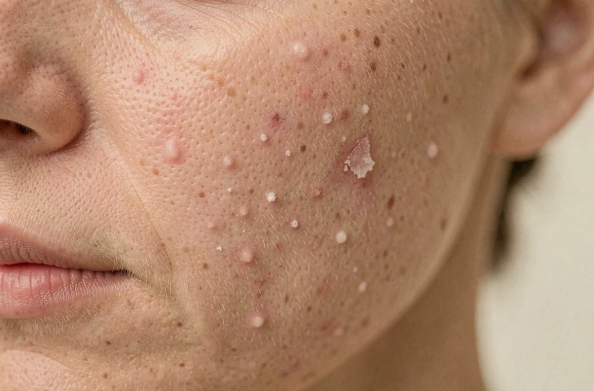 Gros plan macro sur une peau acnéique avec points blancs, pores dilatés et zones de desquamation dues à un gommage excessif