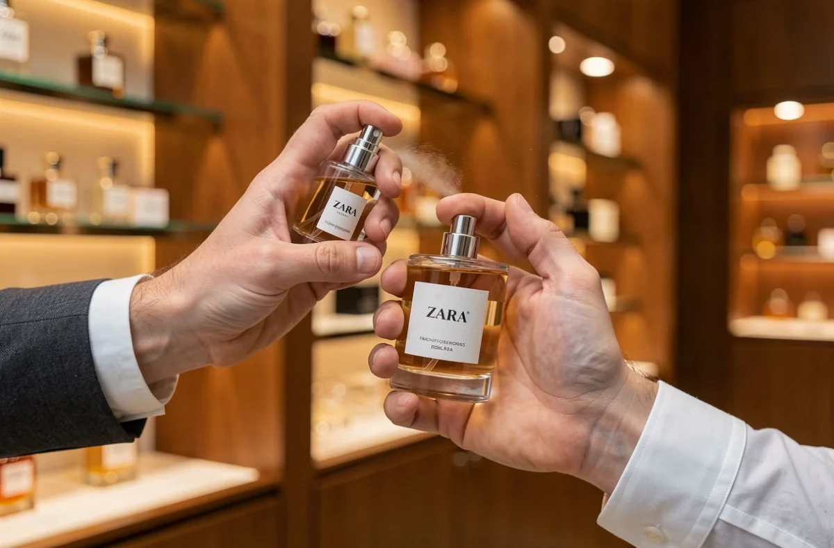 Gros plan sur des mains masculines vaporisant un parfum dupe Zara sur le poignet dans une boutique de parfumerie