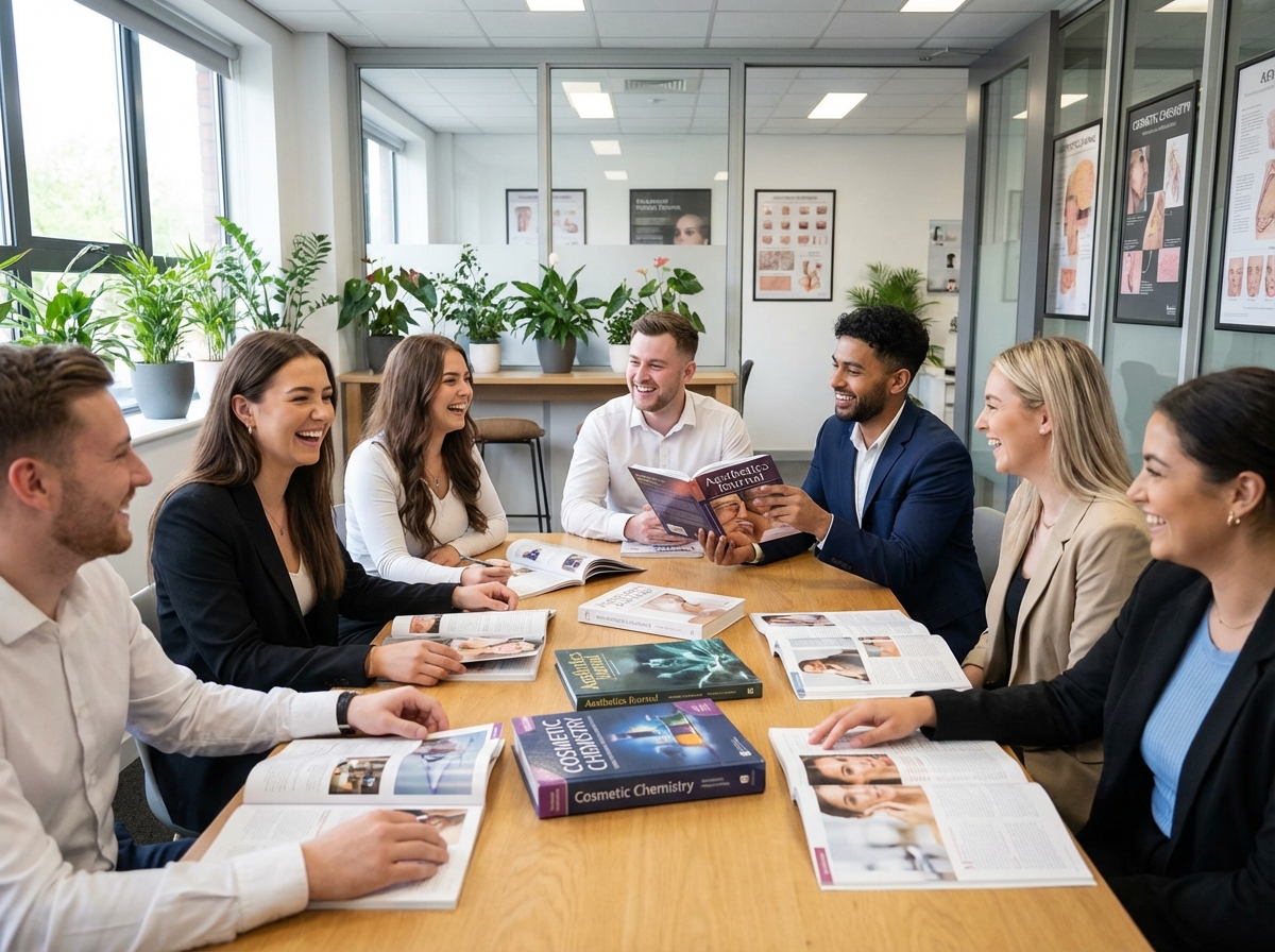 Groupe diversifié de jeunes partageant des livres de beauté dans un espace convivial
