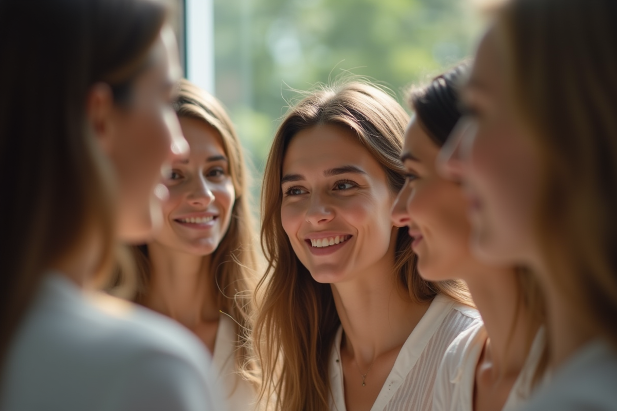 Groupe de personnes regardant leur reflet dans un miroir bien éclairé