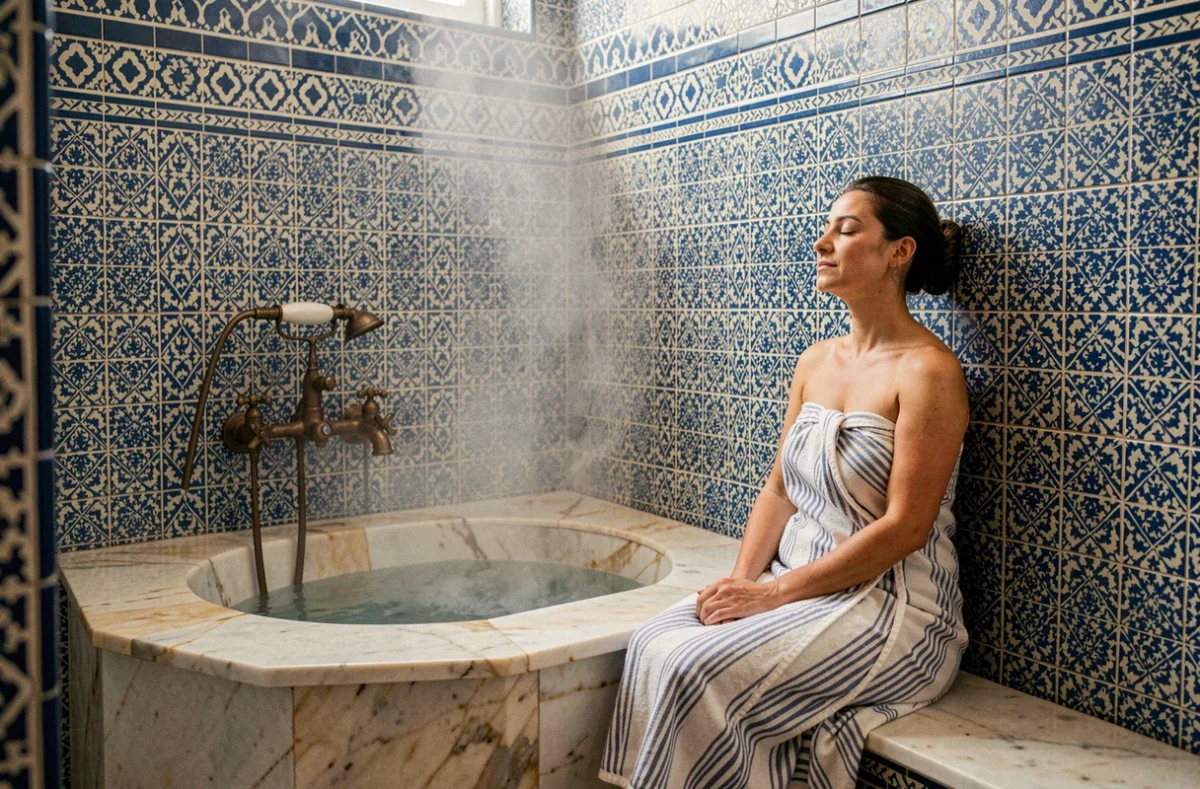 Femme enveloppée dans un fouta se relaxant dans le hammam traditionnel aux mosaïques bleues et marbres du Hammam et Traditions à Strasbourg