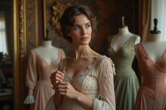Femme en haute couture ancienne dans un atelier parisien
