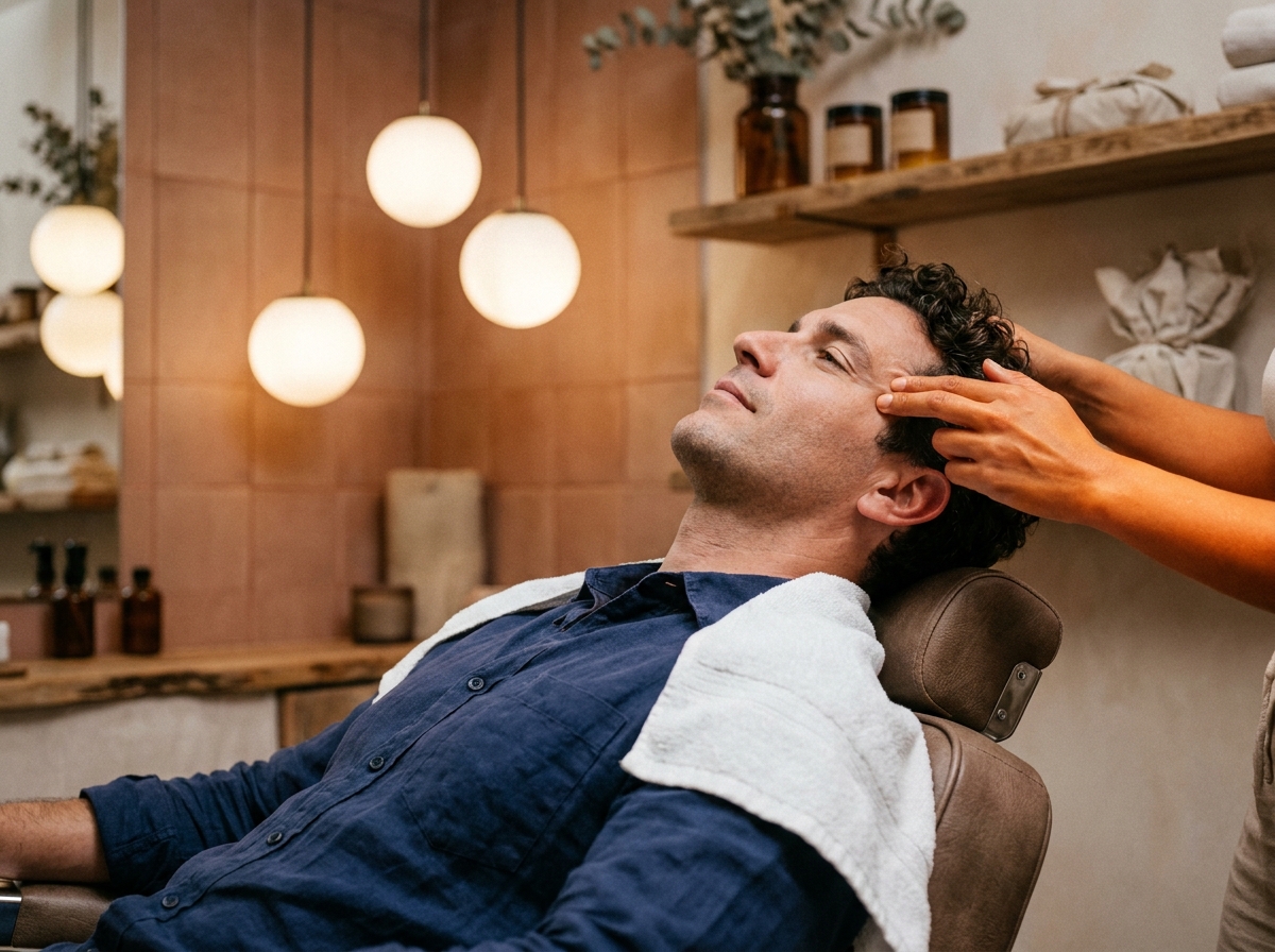 Homme recevant un massage des tempes et du cuir chevelu dans un head spa mixte à l'ambiance artisanale et chaleureuse