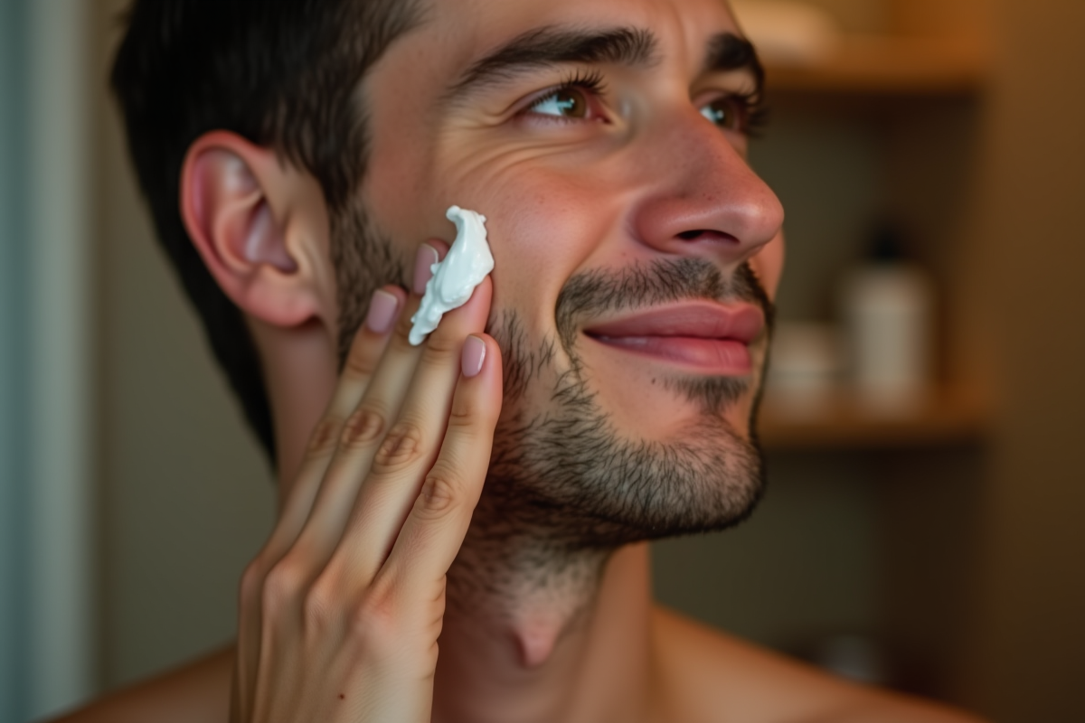 Homme appliquant une creme hydratante sur la joue le soir