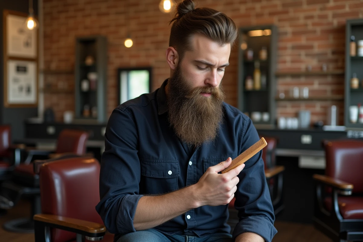Homme avec une longue barbe soignée se peignant dans un salon de barbier vintage