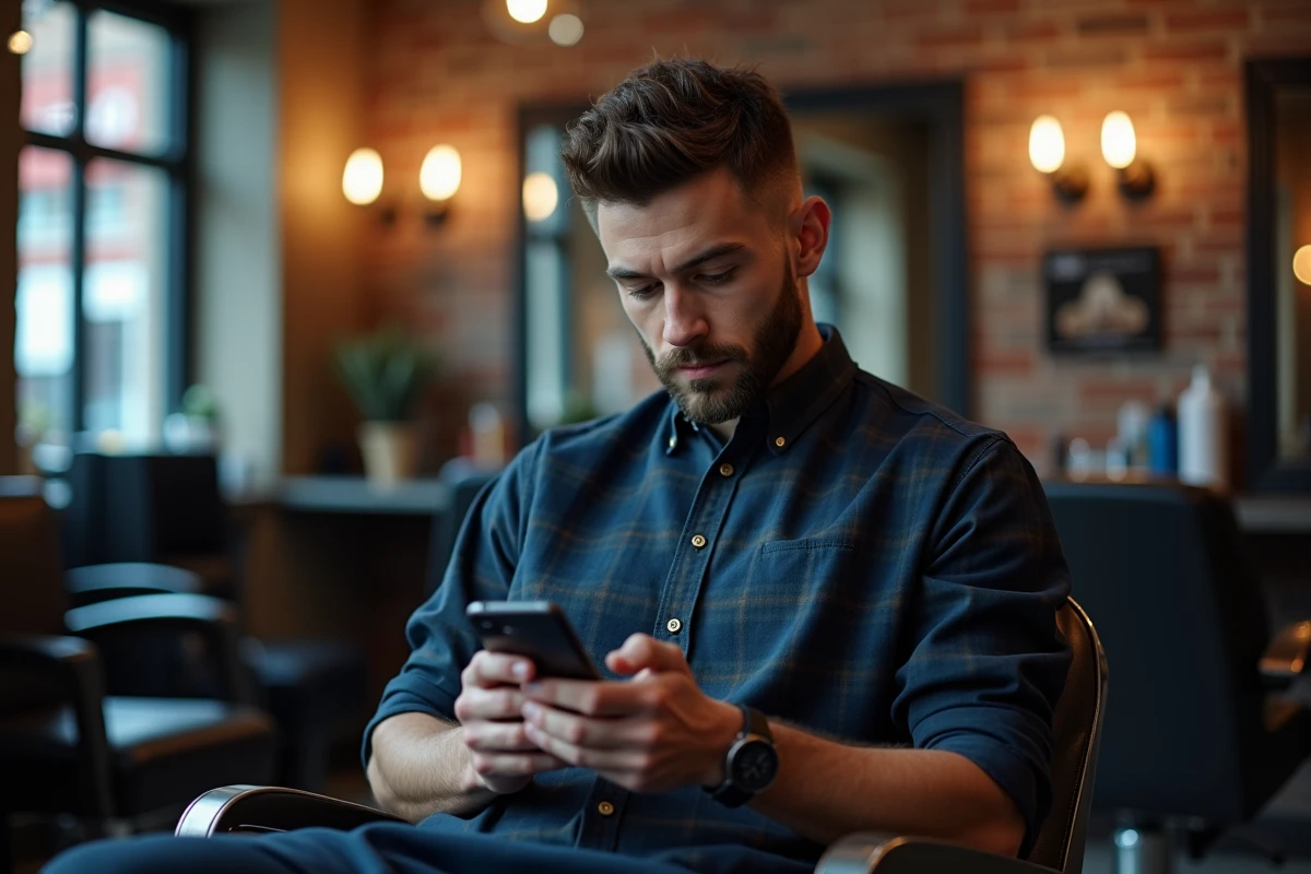Homme analysant des photos de coupes de cheveux sur son smartphone assis dans un fauteuil de barbier moderne