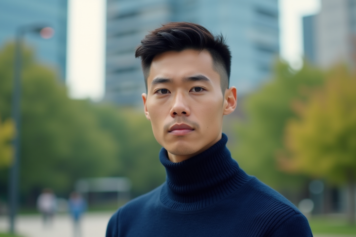 Homme portant mascara bleu dans un parc urbain