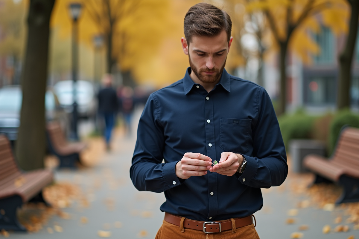 Jeune homme lisant une bague de naissance dans un parc urbain en automne
