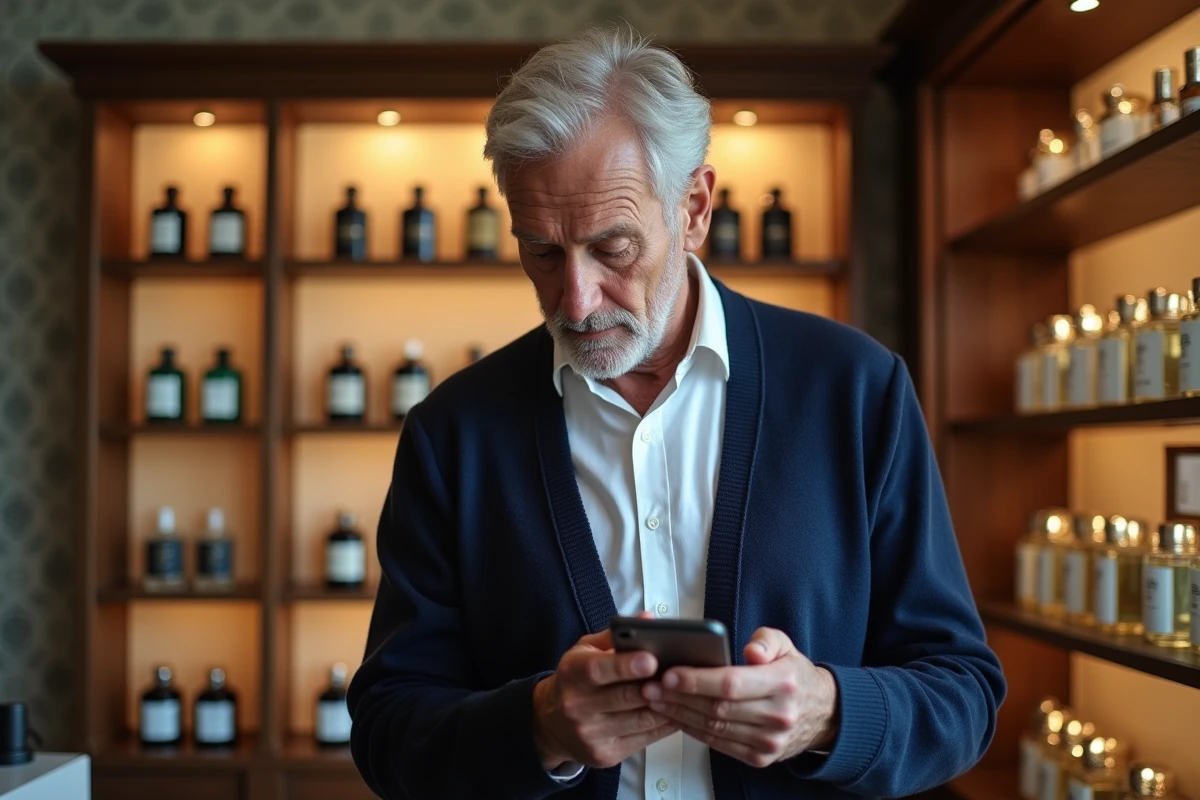 Homme d age dans une parfumerie examine un parfum avec un testeur