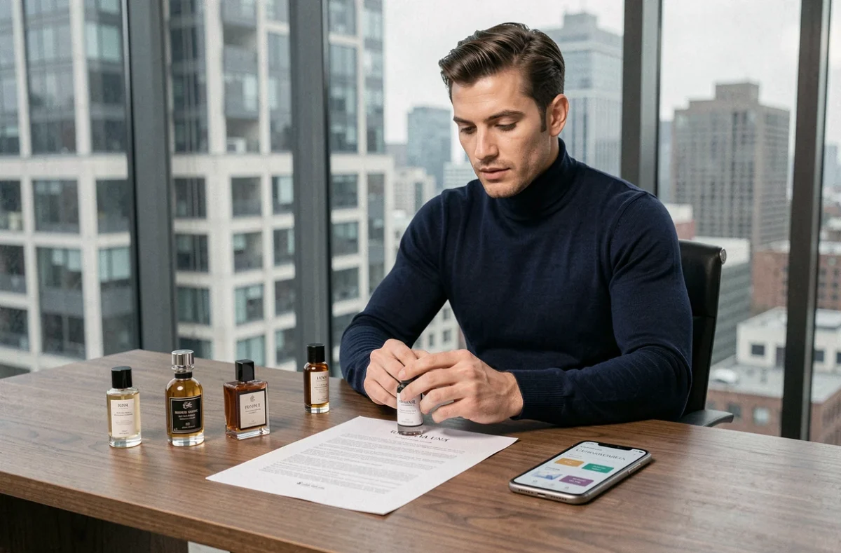Homme assis à son bureau consultant une liste de dupes de parfums Zara avec plusieurs flacons disposés devant lui