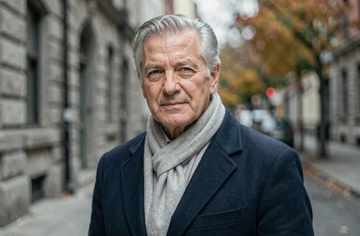 Homme de 60 ans aux cheveux gris fins sublimés par une teinture naturelle, en manteau marine dans une rue urbaine