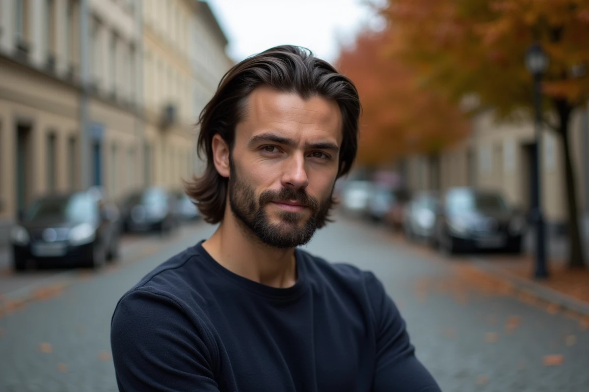 Homme aux cheveux mi-longs et barbe mi-longue bien définie en extérieur dans une rue pavée européenne en automne