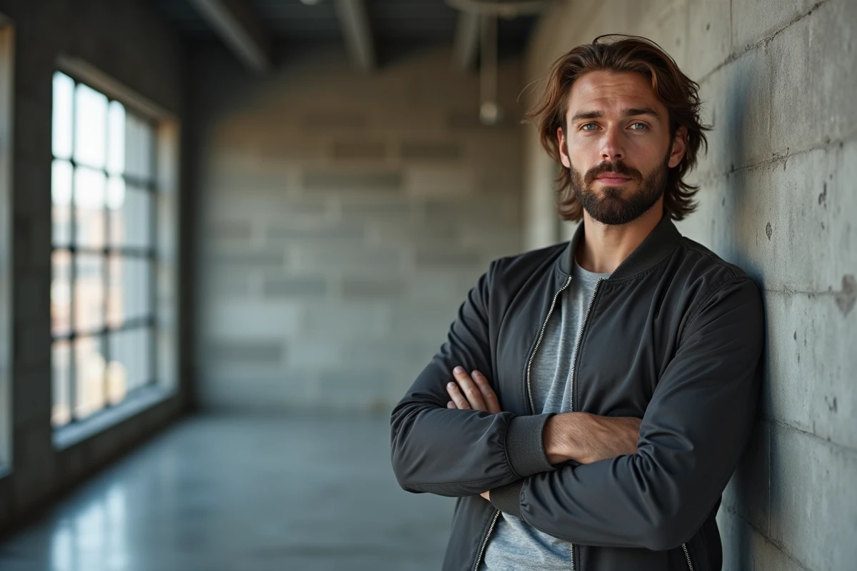 Homme avec cheveux mi-longs ondulés et barbe pleine taillée appuyé contre un mur en béton dans un intérieur industriel